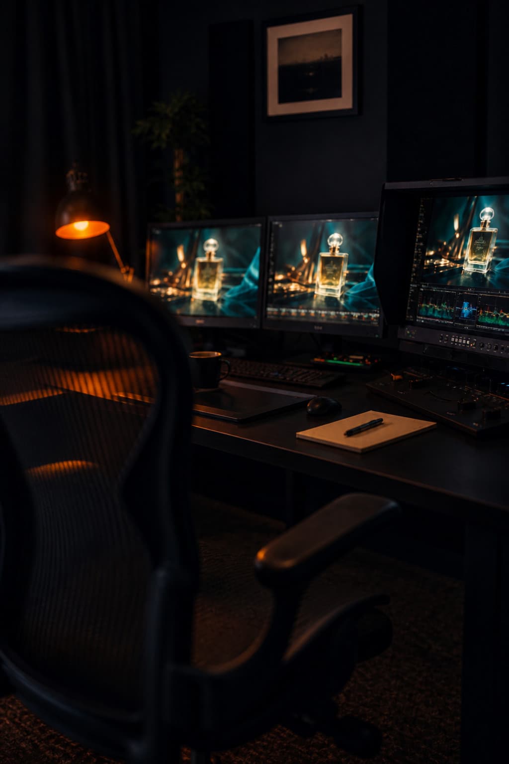 Looking past an empty mesh chair toward three glowing monitors in the suite.