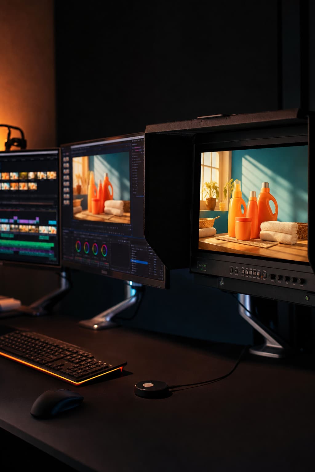 Two computer monitors and a hooded color grading display on a dark desk, showing a graded commercial.
