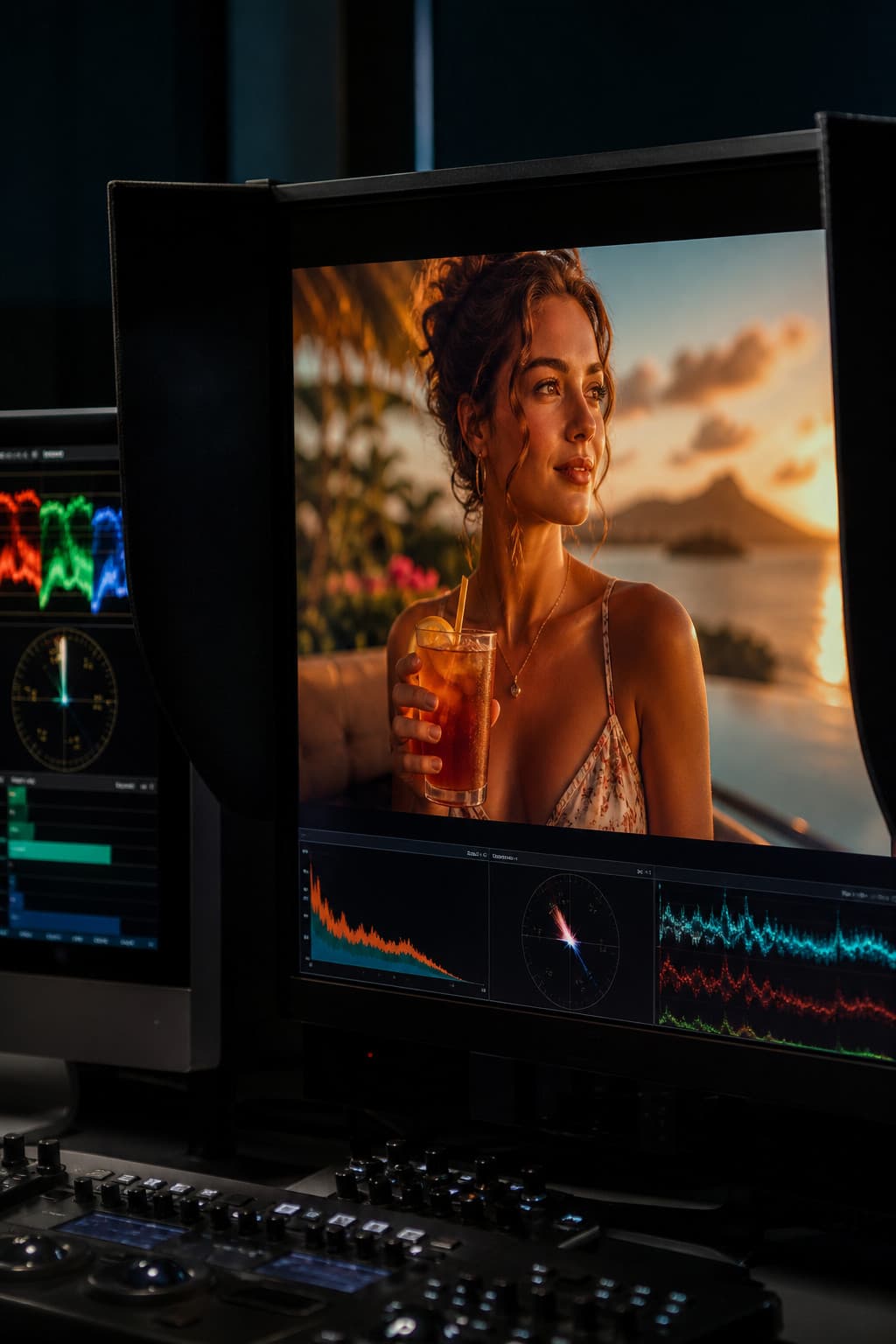 Hooded color grading monitor showing a sunset commercial, with scopes on a second screen.