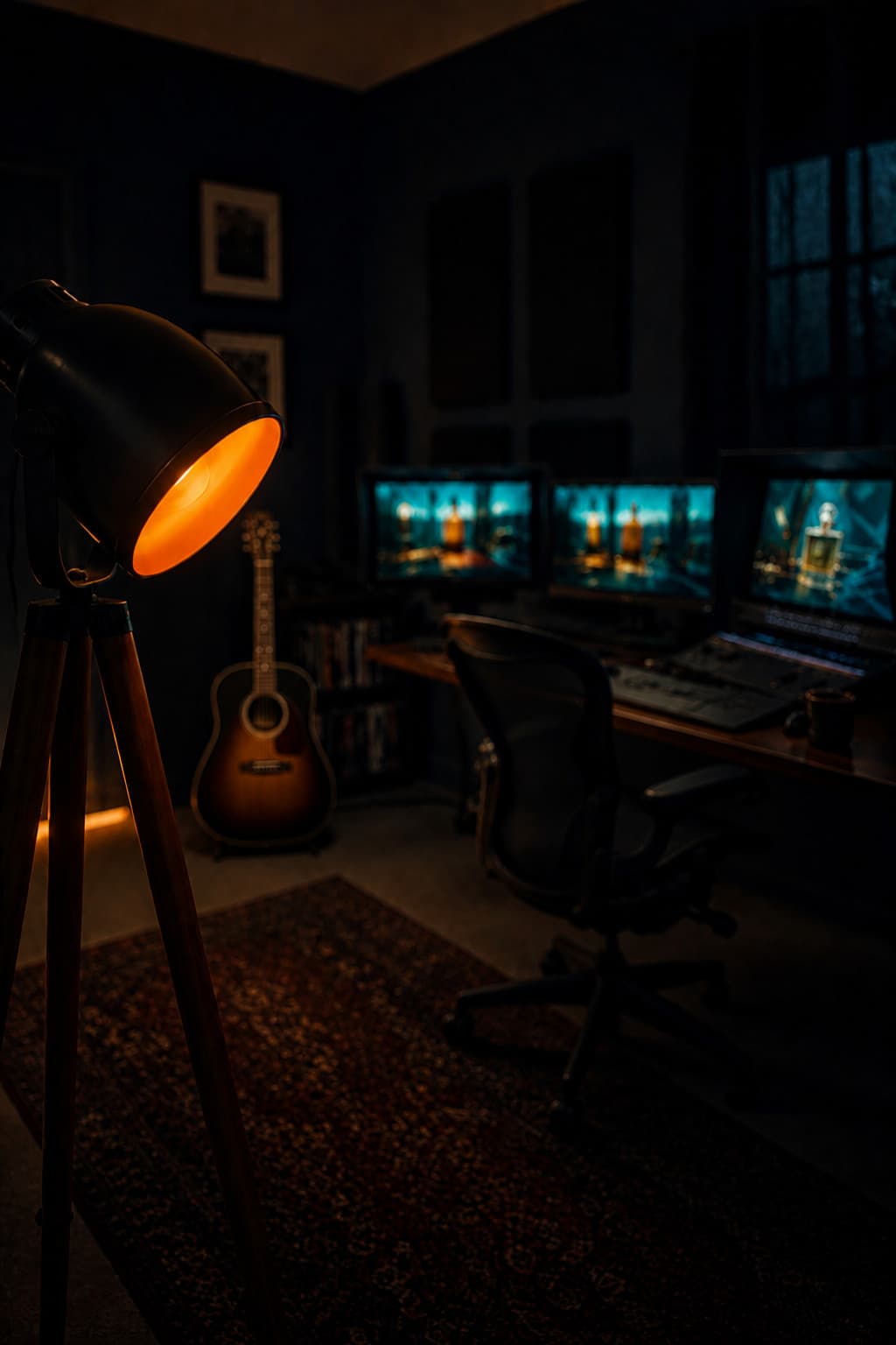 Tungsten lamp beside the desk, three monitors showing a graded product shot.
