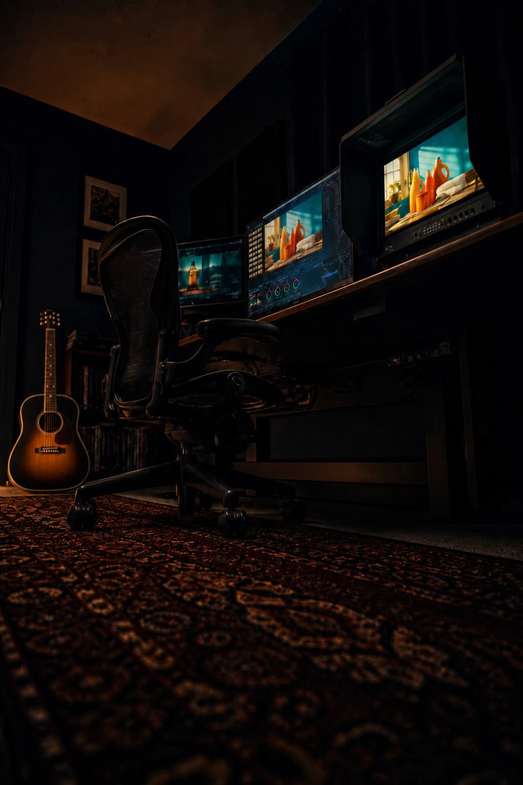 Low angle from the rug up at the desk and three blooming monitors.