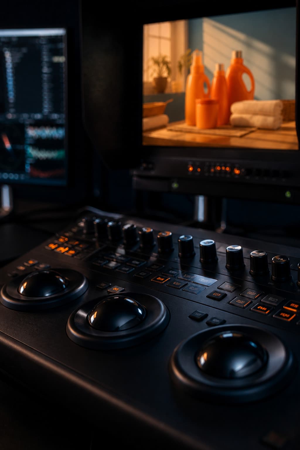 Color grading control surface in front of a hooded reference monitor.