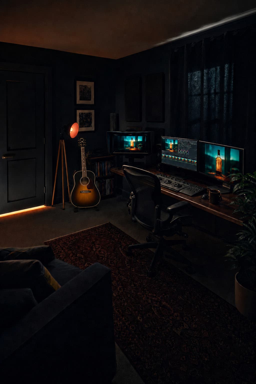 Home finishing studio at night: three monitors, a guitar, and a tungsten lamp.