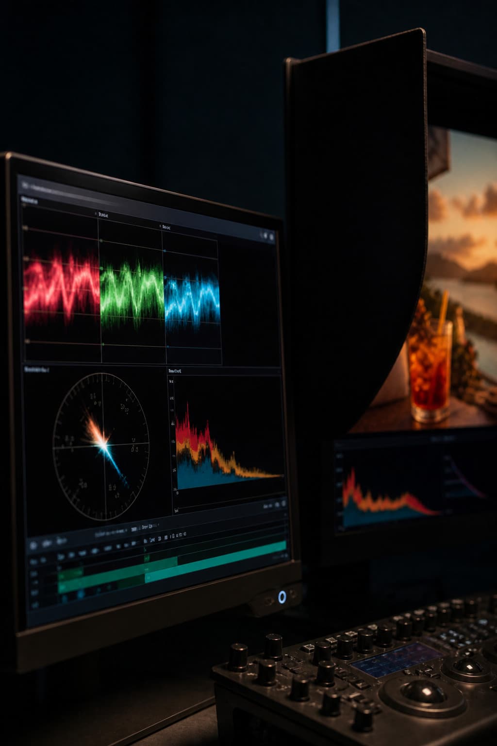 Waveform and vectorscope on a side monitor beside the hooded grade display.