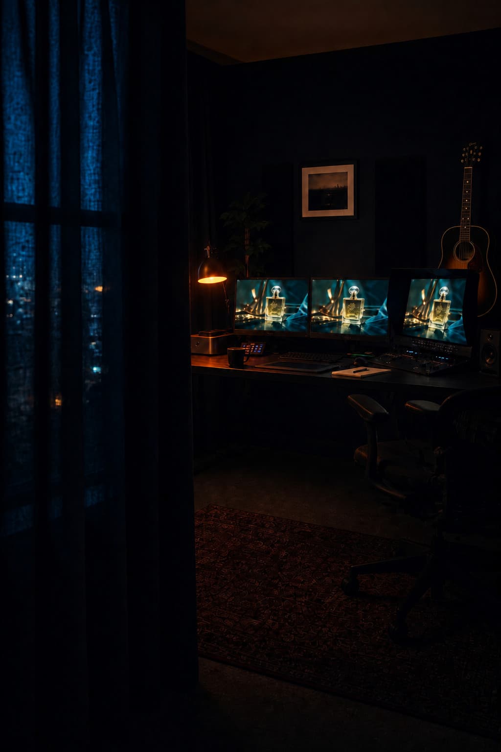 From the curtains: night light, tungsten lamp, and the three-monitor desk.